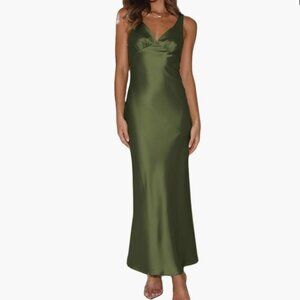 VUBIYA Women’s Elegant Satin V-Neck Backless Maxi Dress (Army Green, Small) ✨